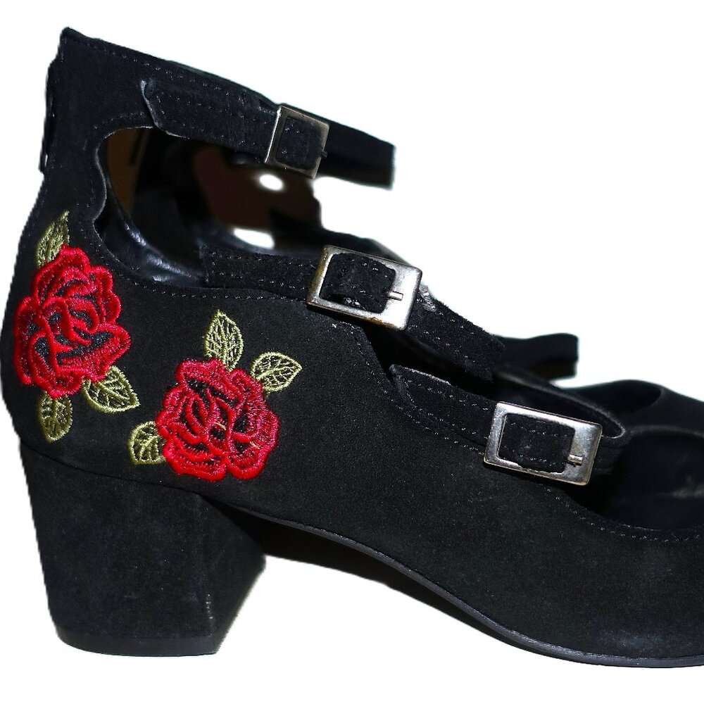 Steve Madden Black Suede 3 Strap Rose Chunky Heels 8.5